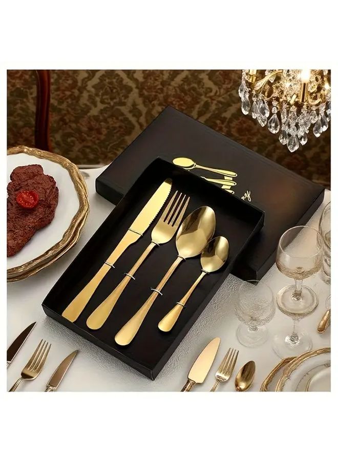 Golden Stainless Steel Western Tableware Set with Steak Knives Forks Spoons Gift Box - Image 1